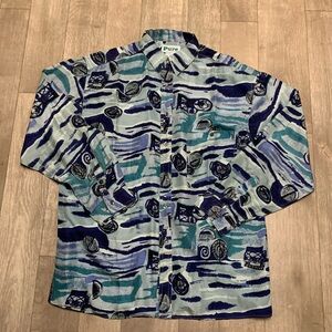 Vintage PURE 100% Silk Button Down‎ Boho Geometrical Retro Shirt